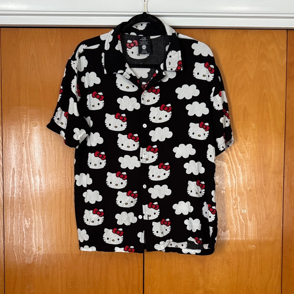 Hello Kitty Men's Black and White Casual Button Down Shirt